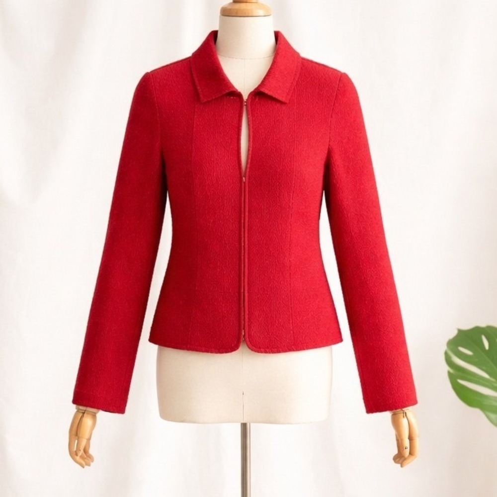 Chico's 1 Red Silk Blend Textured Full Zip Blazer Jacket Collared Medium